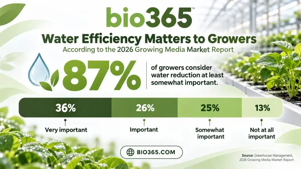 87% of Growers Value Water Conservation | bio365 2026 Growing Media Survey Showing 36% Rate Water Reduction Very Important, 26% Important, 25% Somewhat Important, and 13% Not Important.