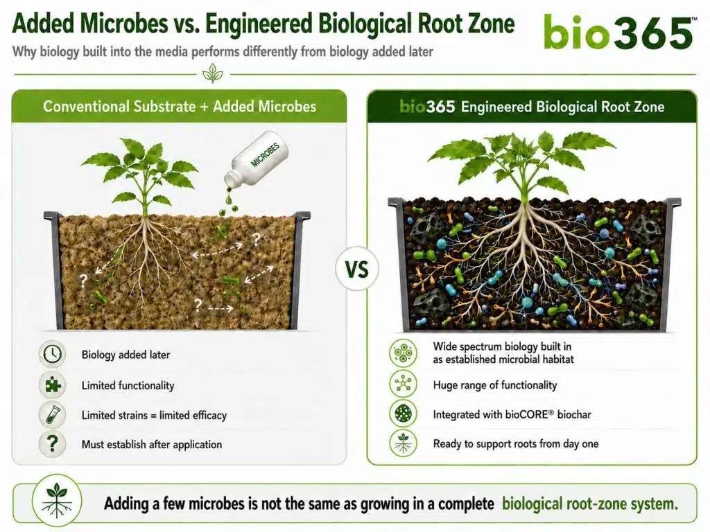 Added Microbes vs. Engineered Biological Growing Media | bio365 Added Microbial Amendments Compared with Beneficial Biology Engineered into Bio365 Growing Media