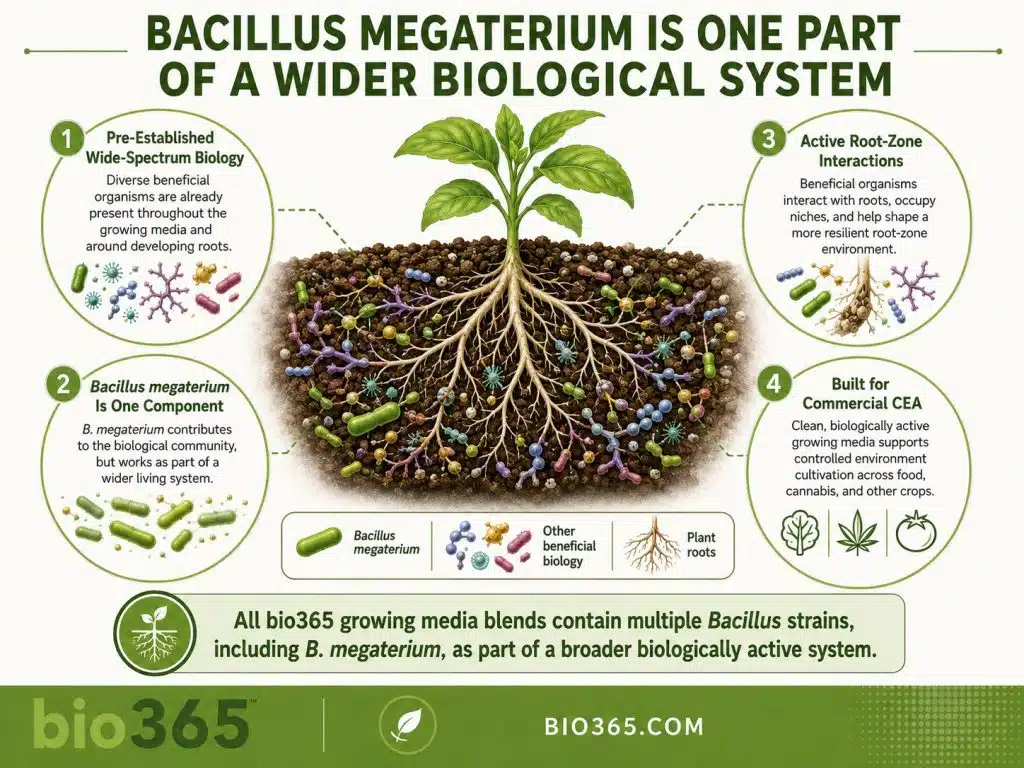 Bacillus megaterium in a Wider Root-Zone Biology System | bio365 | bio365 Diagram Showing Bacillus Megaterium As One Part of a Diverse, Pre-established Beneficial Microbial Community Surrounding Plant Roots in Bio365 Growing Media.