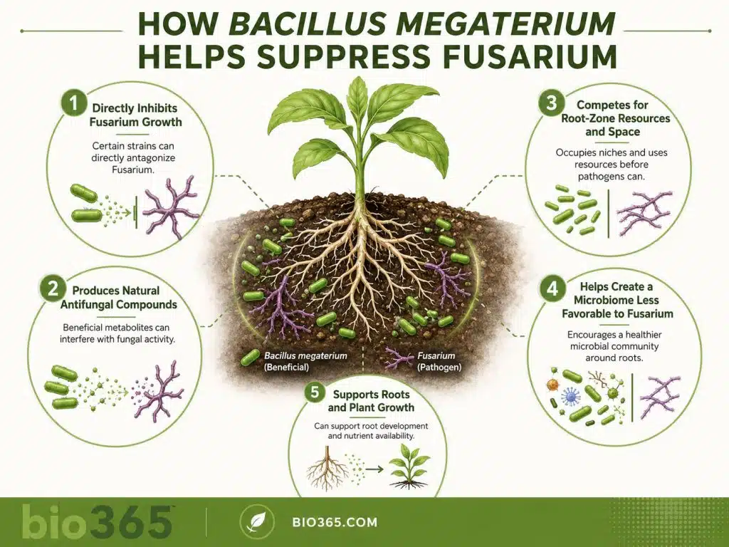 How Bacillus megaterium Helps Suppress Fusarium | bio365 | bio365 Diagram Showing Five Ways Bacillus Megaterium Can Help Suppress Fusarium in the Root Zone, Including Direct Inhibition, Antifungal Compounds, Competition, Microbiome Support, and Stronger Root Growth.