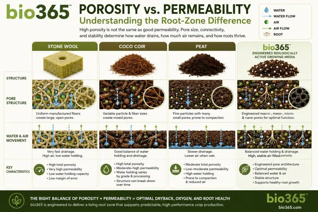 Growing Media Porosity and Permeability for CEA | bio365 Porosity and Permeability Differences in Stone Wool, Coco, Peat, and Bio365 Growing Media