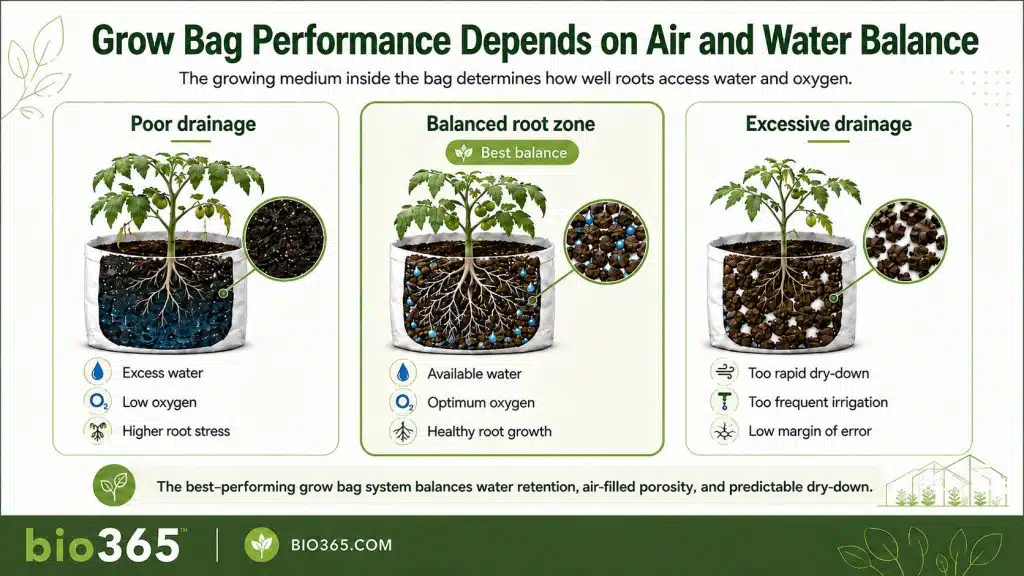 Air and Water Balance in Commercial Grow Bag Media | bio365 Comparison of Water Retention, Air-filled Pores, and Drainage in Commercial Grow Bag Media