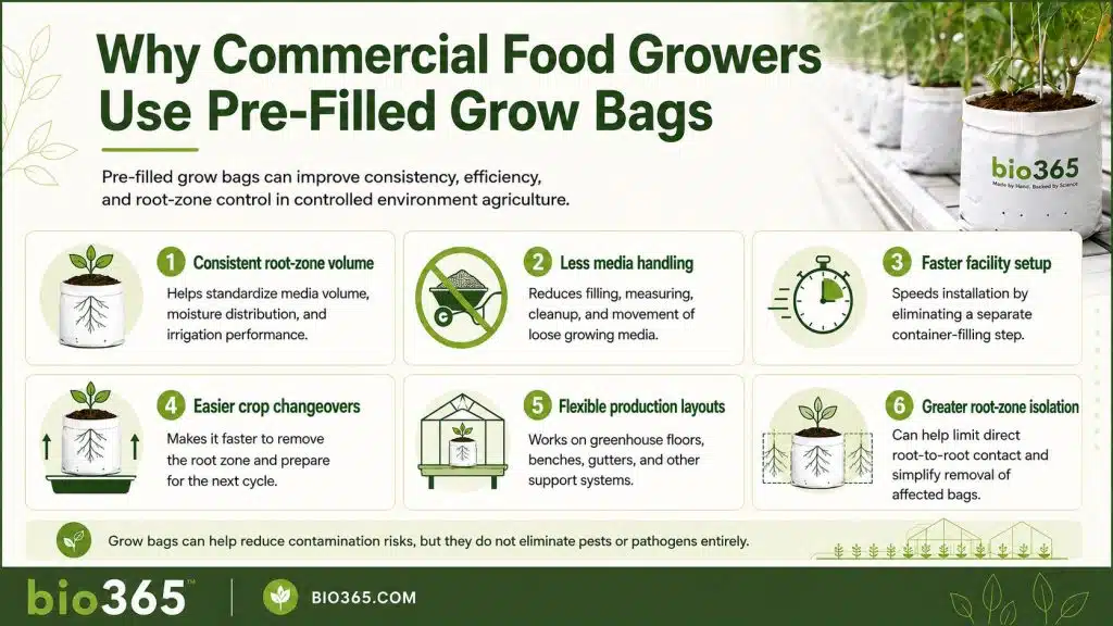 Benefits of Pre-Filled Grow Bags for Commercial Food Growers | bio365 Benefits of Pre-filled Grow Bags for Commercial Controlled Environment Food Growers