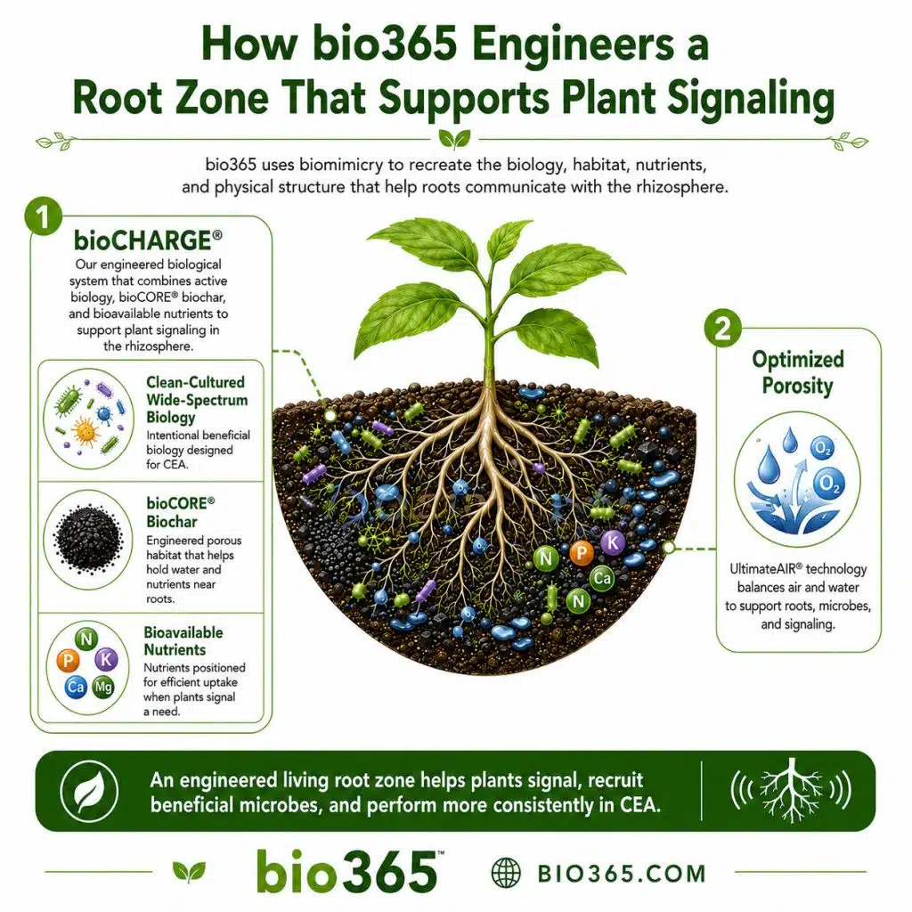 How bio365 Supports Plant Signaling in the Root Zone | bio365 Diagram of a Bio365 Root Zone Showing Clean-cultured Beneficial Biology, Biocharge, Biocore Biochar, Bioavailable Nutrients, and Optimized Porosity.