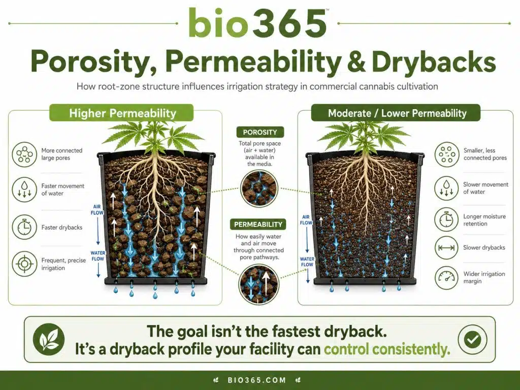 Cannabis Growing Media Porosity, Permeability and Drybacks | bio365 Diagram Showing How Growing Media Permeability Affects Cannabis Drybacks and Irrigation Strategy