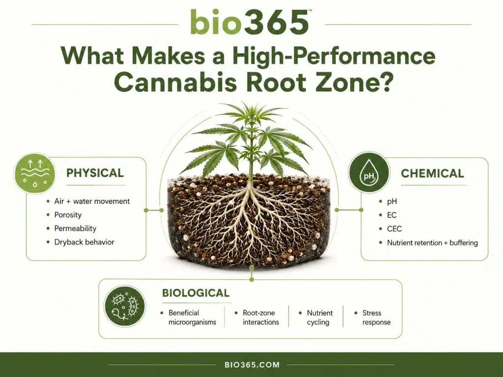 3 Factors of High-Performance Cannabis Growing Media | bio365 Healthy Cannabis Plants and Roots Growing in Media in a Commercial Controlled Environment Facility