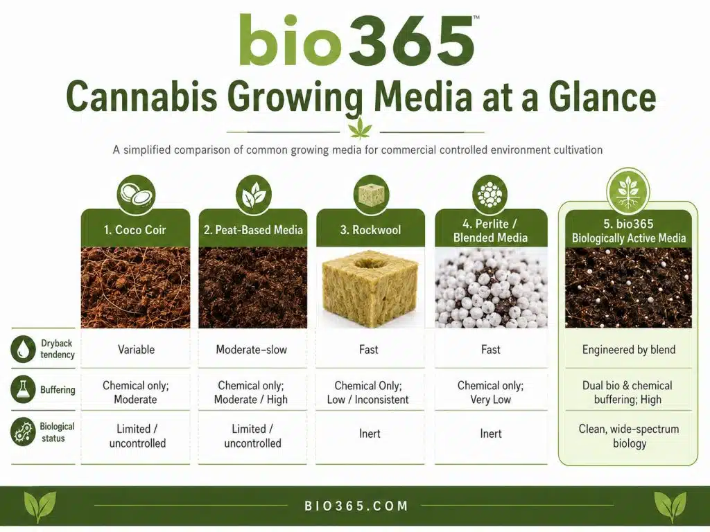 Commercial Cannabis Growing Media Comparison | bio365 Comparison of Coco, Peat, Rockwool, Perlite, and Engineered Biologically Active Cannabis Growing Media