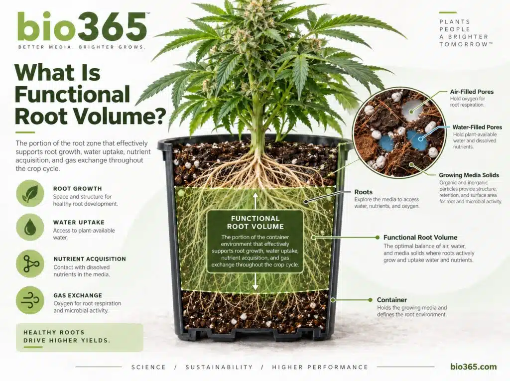 What Is Functional Root Volume? | bio365 Diagram Showing Functional Root Volume in a Cannabis Container with Roots, Air, Water, Nutrients, and Pore Space