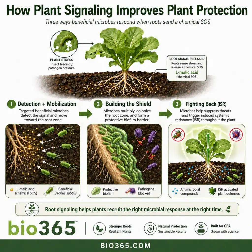 How Plant Signaling Supports Natural Plant Protection | bio365 Illustration Showing a Stressed Plant Releasing L-malic Acid, Beneficial Microbes Moving Toward the Roots, Forming a Protective Biofilm, and Supporting Induced Systemic Resistance.
