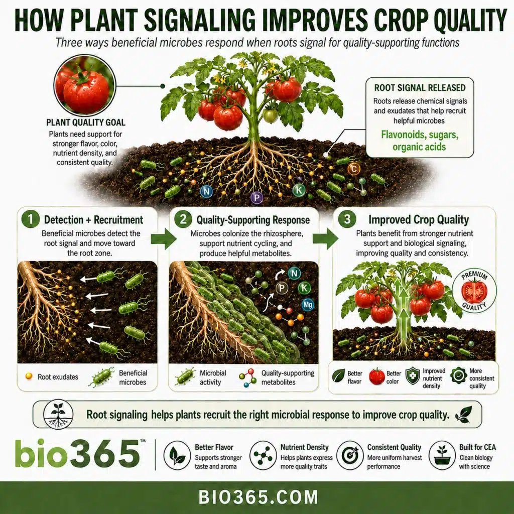 How Plant Signaling Can Improve Crop Quality | bio365 Illustration Showing Plant Root Signals Recruiting Beneficial Microbes That Support Nutrient Cycling, Helpful Metabolites, and Improved Crop Quality.