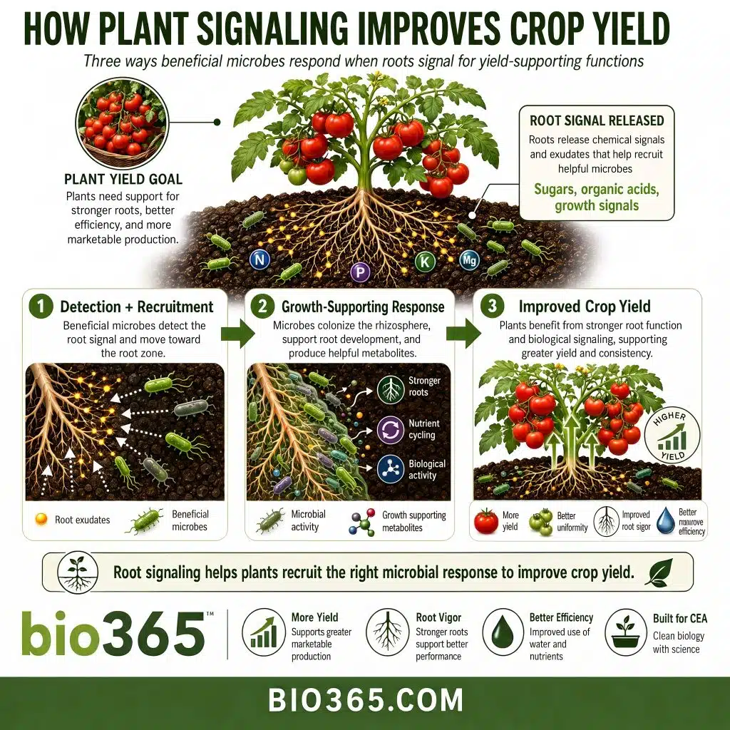 How Plant Signaling Can Improve Crop Yield | bio365 Diagram Showing Root Exudates Recruiting Beneficial Microbes That Support Stronger Roots, Biological Activity, and Greater Crop Yield.