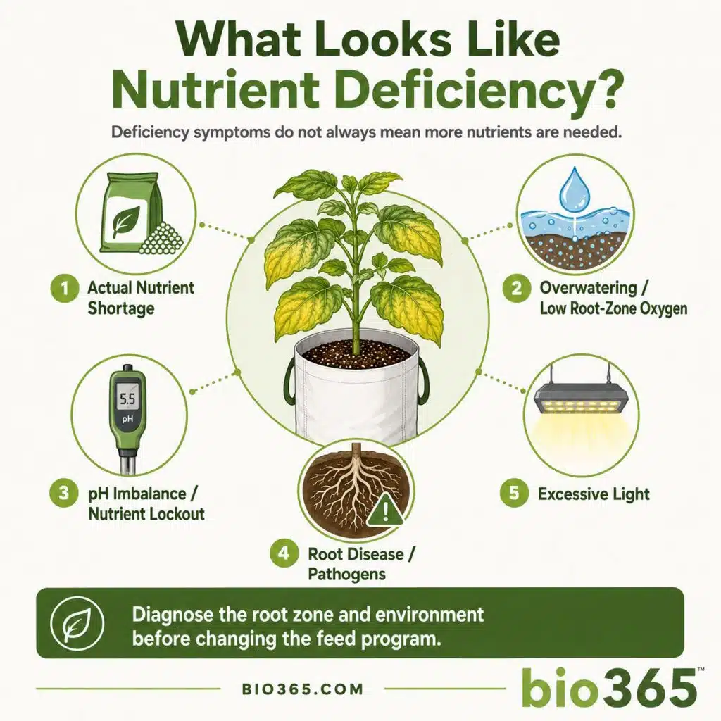 Five Causes of Plant Nutrient Deficiency Symptoms | bio365 Five Possible Causes of Plant Nutrient Deficiency Symptoms: Underfeeding, Overwatering, Ph Imbalance, Root Disease, and Excessive Light.