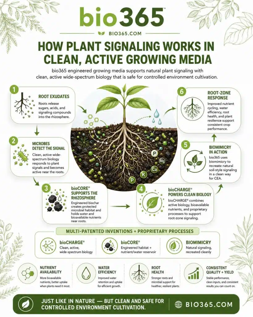 How Plant Signaling Works in bio365 Growing Media | bio365 Infographic Showing Root Exudates, Beneficial Microbes, Biocore, Biocharge, Biomimicry, and the Root-zone Response in Bio365 Growing Media.