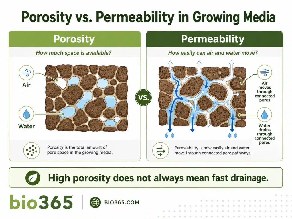 porosity vs permeability in growing media | bio365 Diagram Comparing Growing Media Porosity, Which Measures Pore Space, with Permeability, Which Measures Water and Air Movement Through Connected Pores.