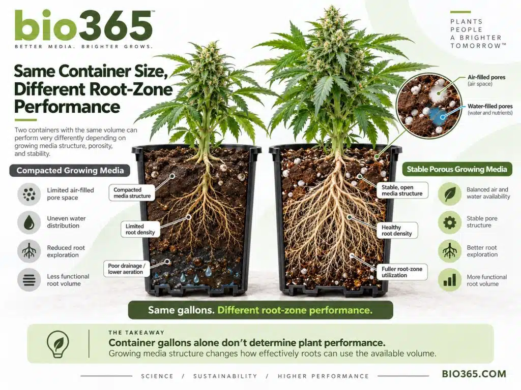 Same Container Size, Different Root-Zone Performance | bio365 Two Equal-size Cannabis Containers Showing Compacted Media Versus Stable Porous Growing Media with Different Root-zone Performance