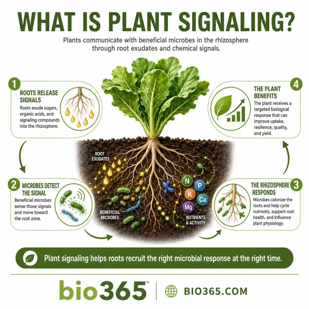 What Is Plant Signaling in the Rhizosphere? | bio365 Diagram Showing Roots Releasing Exudates, Beneficial Microbes Detecting Plant Signals, Rhizosphere Activity, and the Resulting Plant Response.