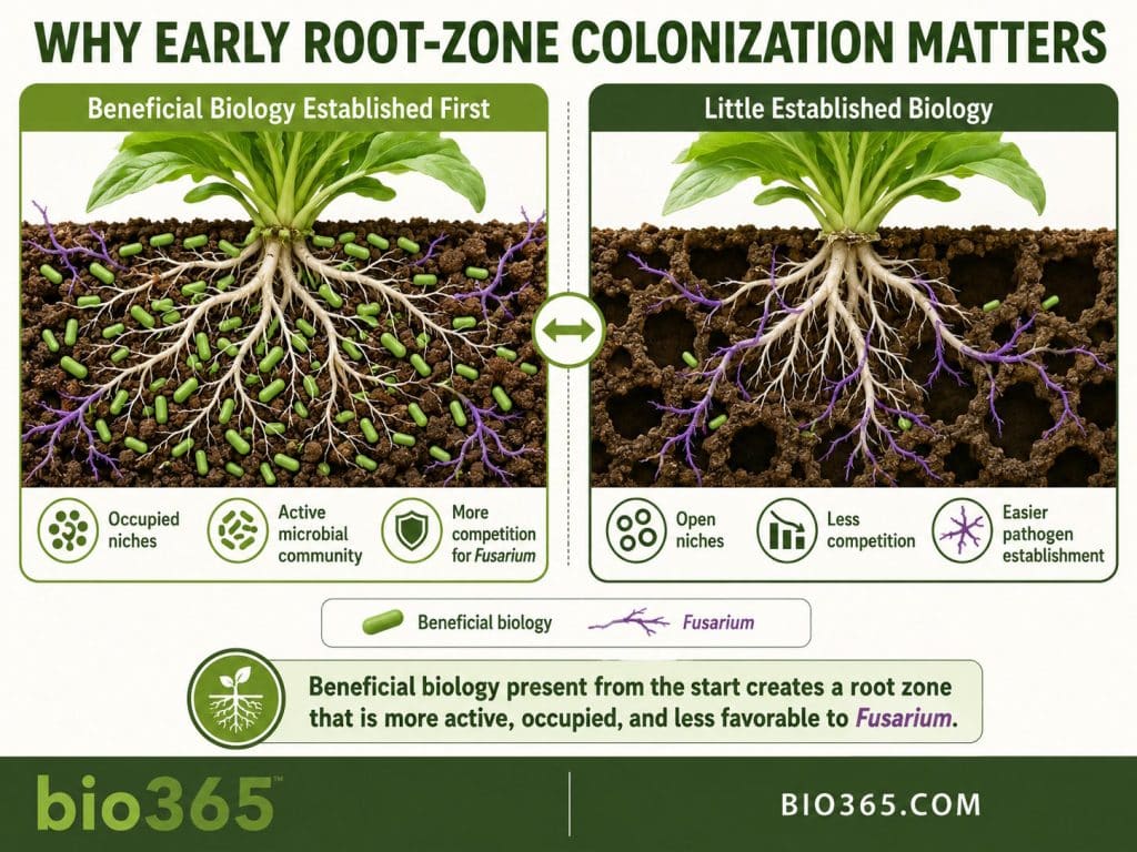 Comparison of a Root Zone with Established Beneficial Biology and a Root Zone with Little Established Biology, Showing Greater Competition Against Fusarium when Beneficial Microbes Are Present Early.